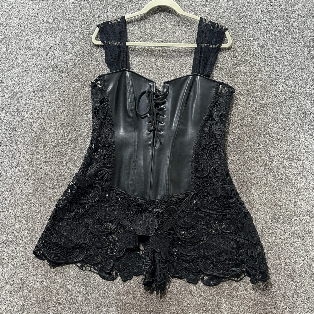 Dreamgirl Corset Top Lingerie Black Faux Leather Lace Size 44 Bustier Boudoir